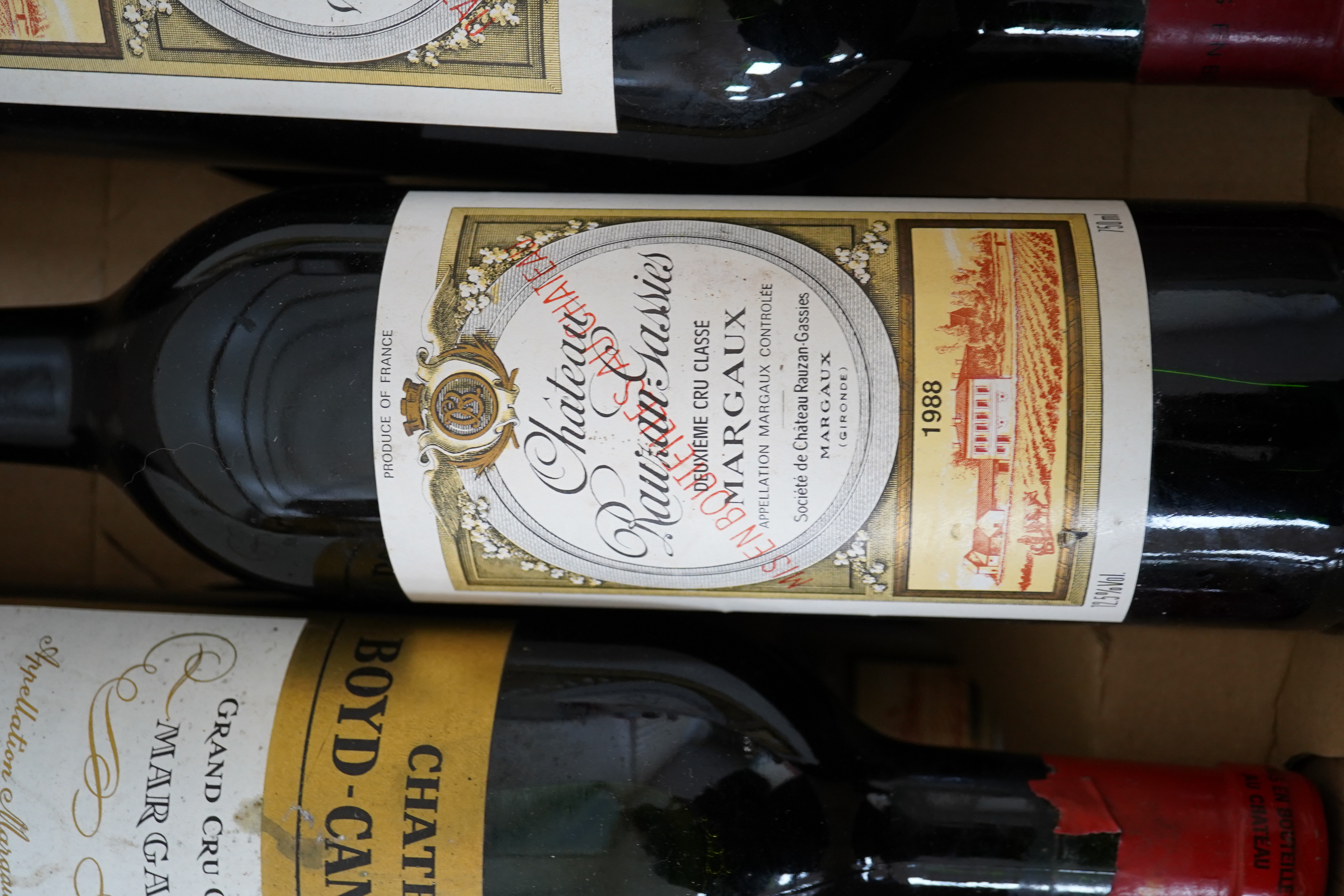 Six bottles of French red wine to include Chateau Cantenac Brown 1989 and Chateau Boyd-Cantenac 1985. Condition - fair, storage history unknown